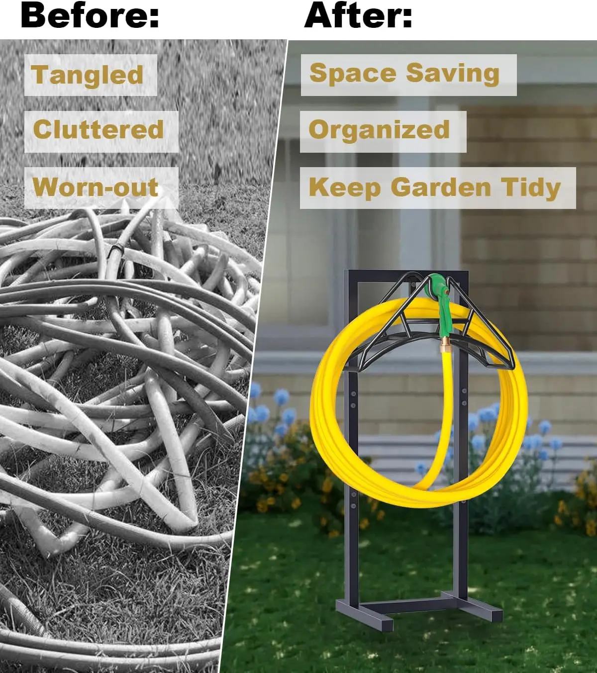 屋外ガーデンホースホルダー、自立式、4つのスパイク付き、頑丈な金属製ウォーターホースリールスタンドハンガーラックオーガナイザー、収納可能