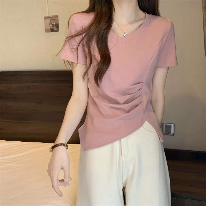 High-End European Style Short Sleeve T-Shirt Women's Fashion Design V-Neck Curvy Hemline Regular Length  Color Shirt