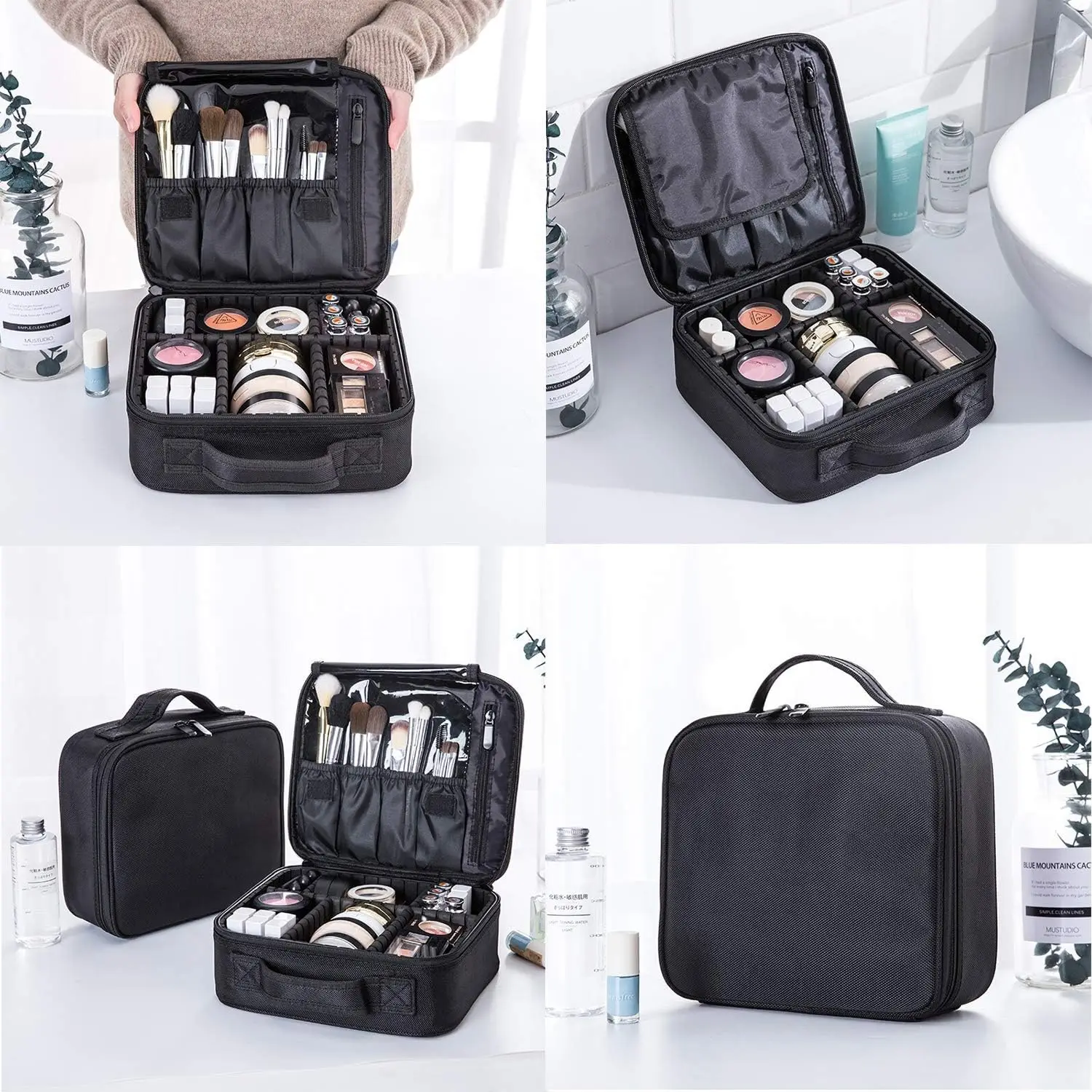 

Black Oxford Travel Makeup Case Portable Artist Storage Makeup Bag with Adjustable Dividers for Cosmetics Brushes Toiletry Jewel
