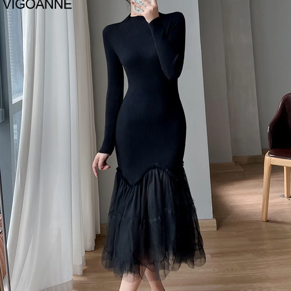 VigoAnne 2025 Woman Solid Long Sleeve Knit Dress Spring Autumn Mesh Mermaid Korean Dresses Lady Evening Party Tight Long Dress