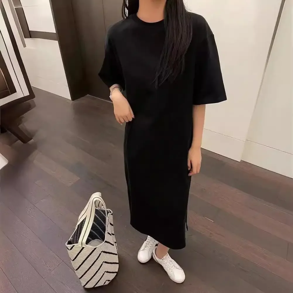 Abito lungo ampio con spacco a trapezio da spiaggia Abito camicia da donna estivo Abito casual a maniche corte con scollo tondo Tinta unita