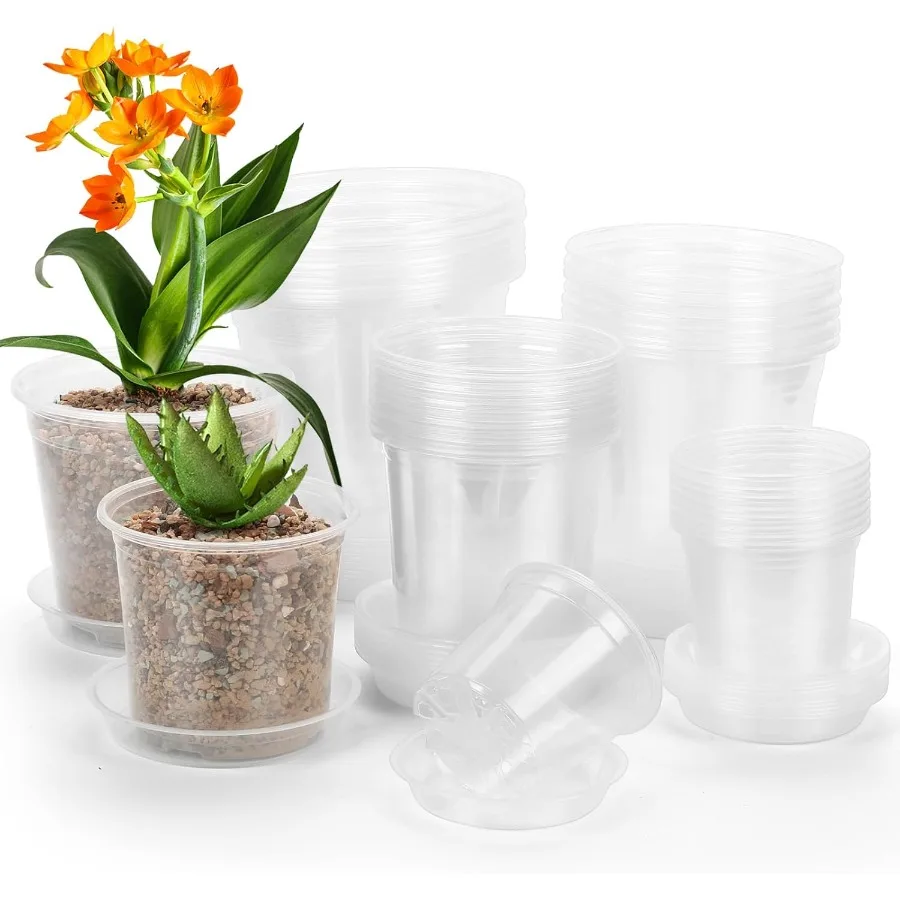 

40 Pack 4 5 6 7 Inch Clear Nursery Pots with Drainage and Saucer Clear Plastic Planter Pots for Plants ible Seed Starting Pots