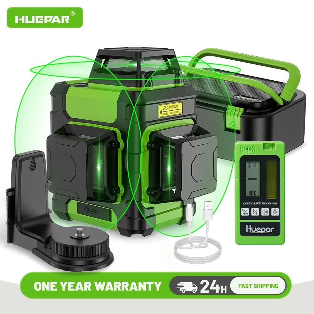 Huepar 3D Laser Level Osram Green Beam Self-Leveling Cross Line Laser Level Tool Set With Laser Detector,Magnetic Bracket HM03CG