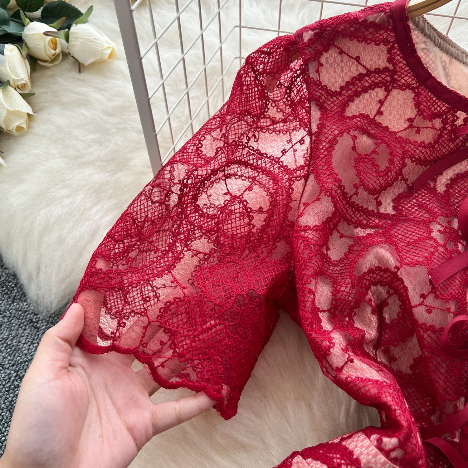 Elegant Hollow Out Hook Flower Lace Vintage O-neck Chic Short Sleeves Slim Long Dress French Evening High Street Summer Clothing