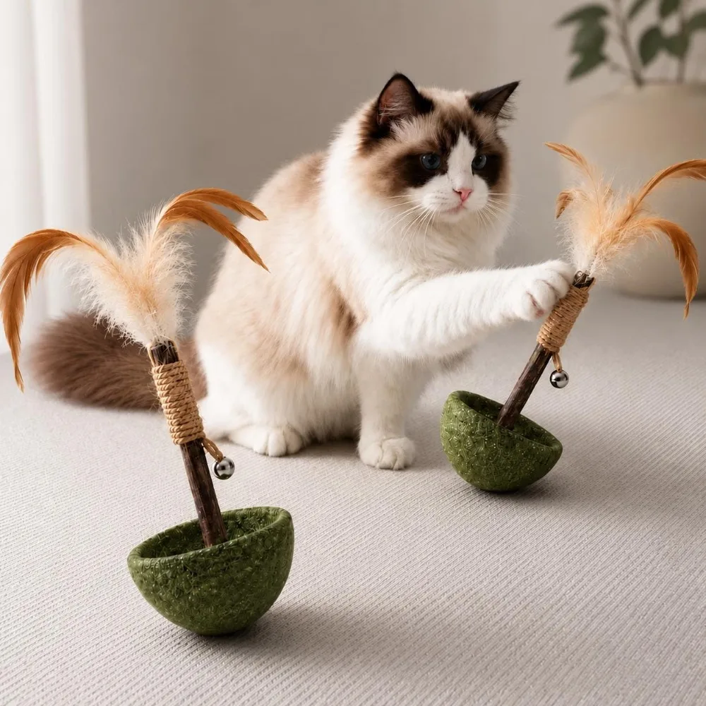 Interaktives Katzen-Federspielzeug Wackel-Teaser Interaktives Katzen-Federspielzeug Natürlicher Sisalstab mit Glocke Katzenminze Indoor Kätzchen Zubehör-Set