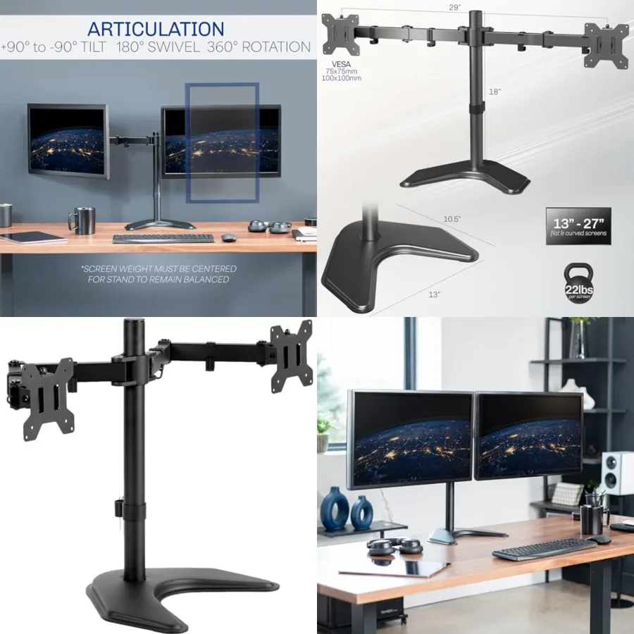 Dual LED LCD Monitor Free-Standing Desk Stand for 2 Screens up to 27 Inch Heavy-Duty Fully Adjustable Arms with Max VESA 100x100mm
