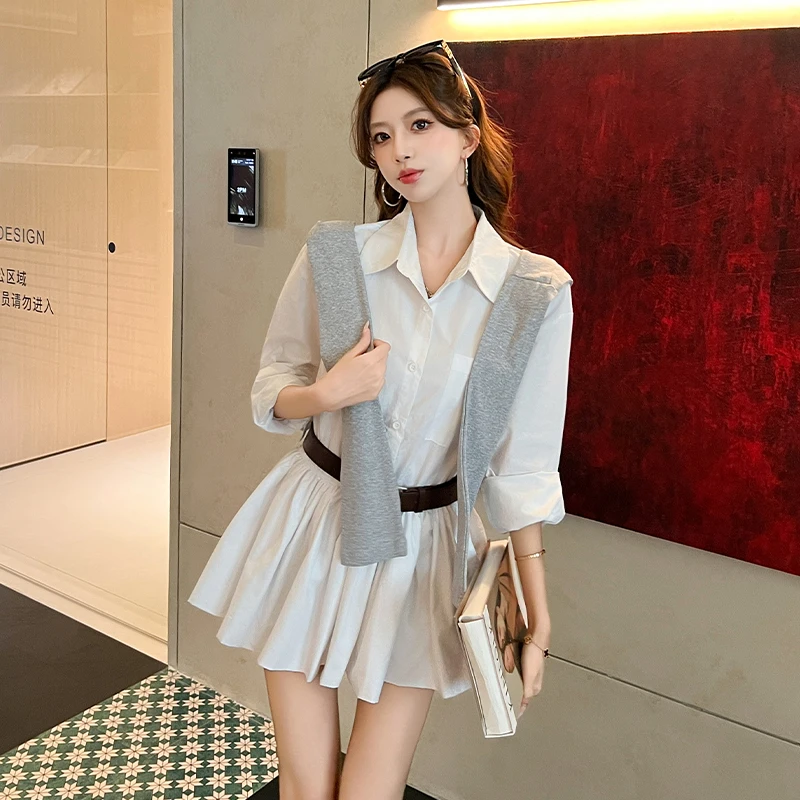 Women Street Clothes Casual Shirt White Plaid Lapel Shawl Belt Slim A-Line Mini Short Dress Fashion Lady Vestidos Preppy Style
