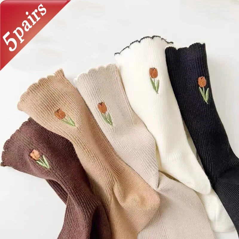 

5 Pairs Women's Socks Set Japanese Curled Tulip Simple Versatile Harajuku Mid Tube Socks Comfortable Sweet Casual Socks For Girl