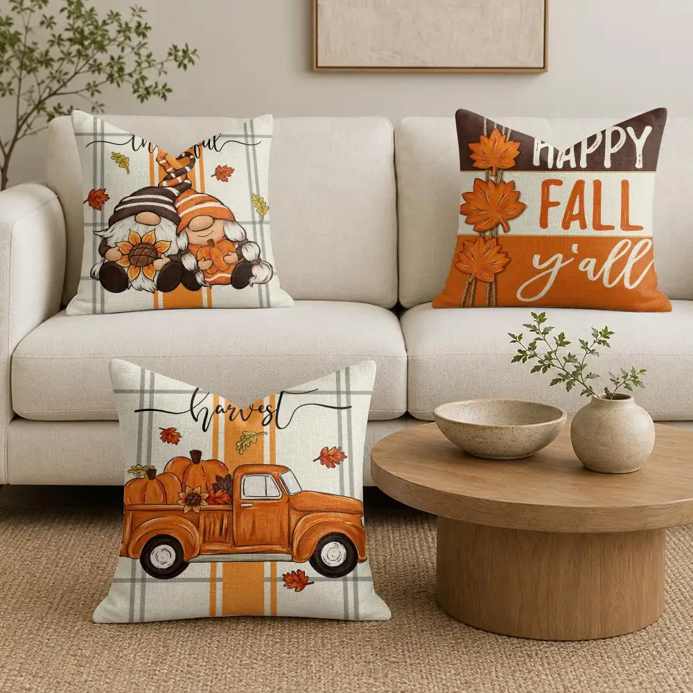 Fall Gnomes Pumpkin Daisy Cushion Cover Natural Linen Organic Fabric Double-Sided Printing Sofa Home Decor Gift Pillow Cover