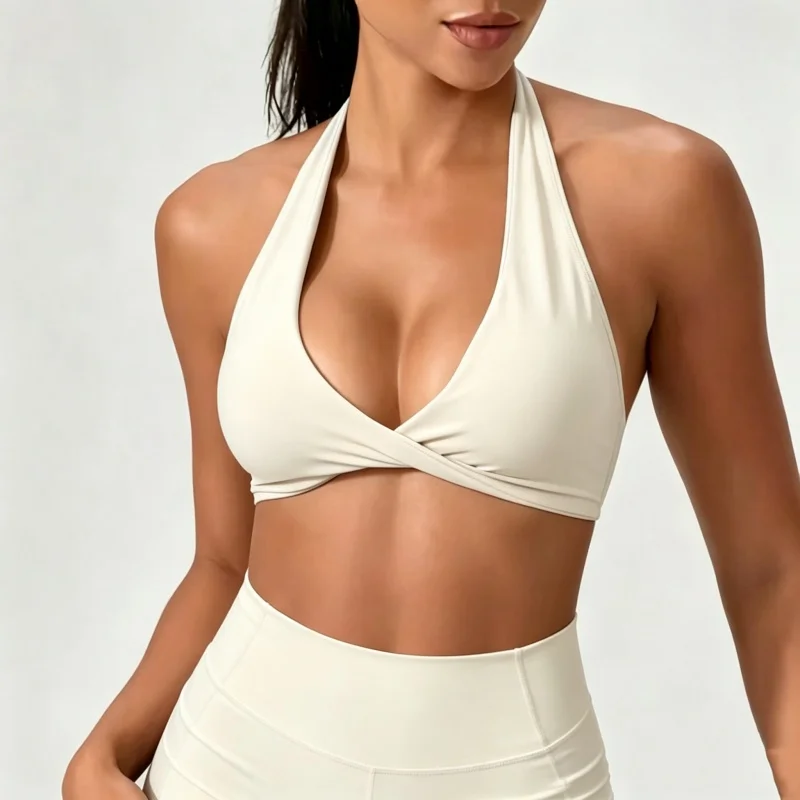 Damen-Sport-BH mit V-Ausschnitt und Halterneck, ultra-elastisch, mit Polsterung, offenem Rücken, Fitness-Tanktop für Yoga, Workout und Activewear – Detail 8