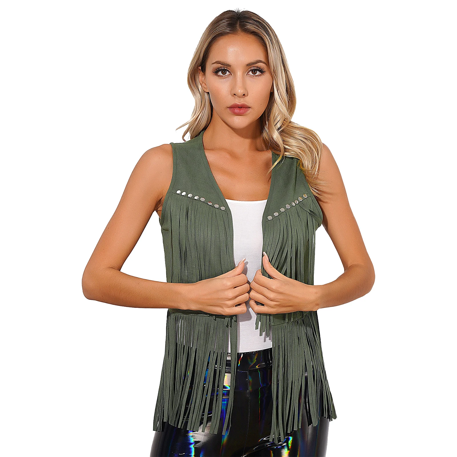 

Womens Rave Party Clubwear Faux Suede Tassel Vest Fashion Rivets Fringe Waistcoat Open Front Sleeveless Jacket