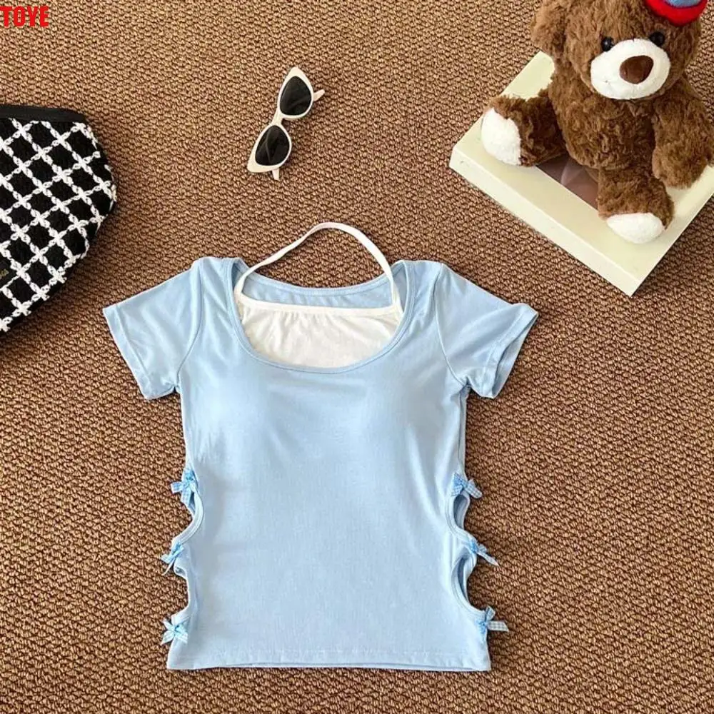 

Streetwear Bowknot Fake Two Pieces T-shirt with Pads Slim Fit Halter T-shirt Women Pullover Hollow Y2K Crop Tops Party