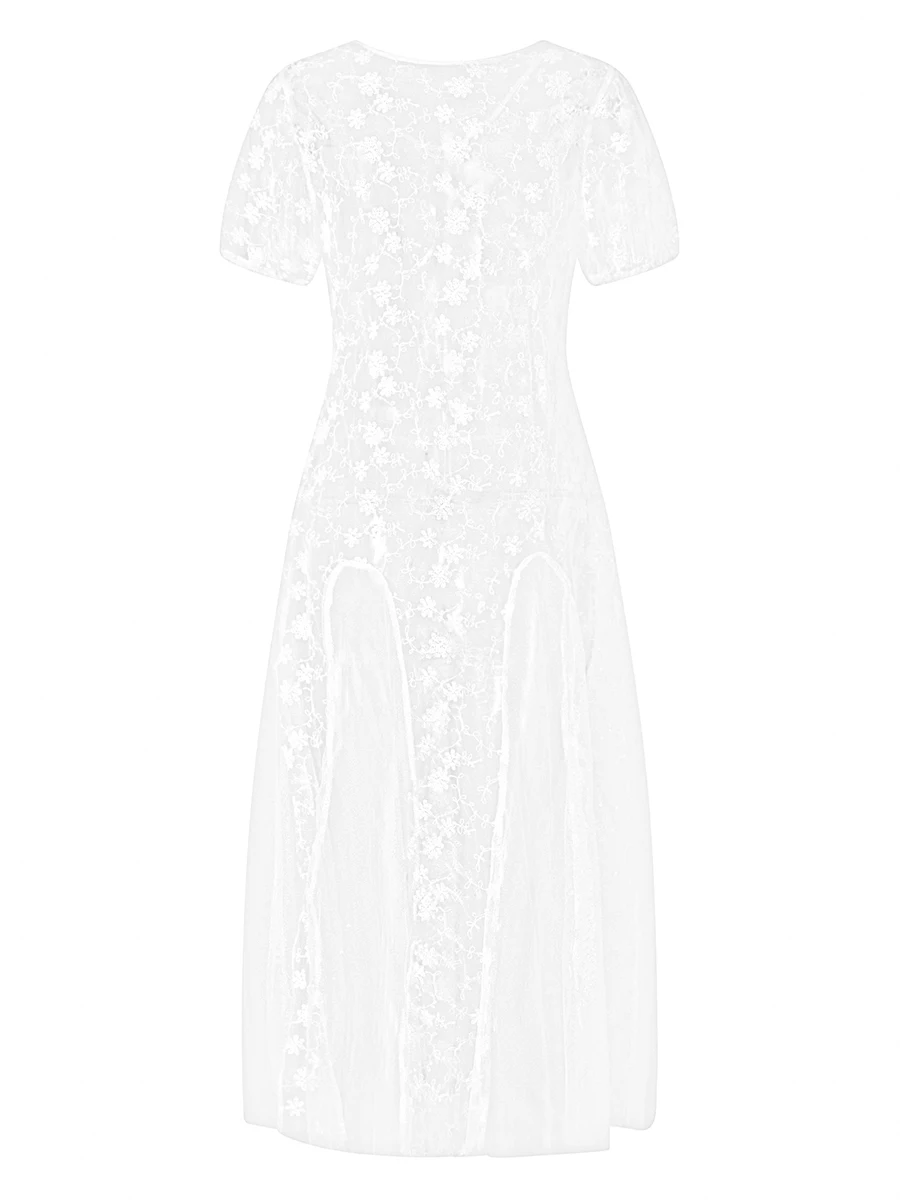 

ZZLBUF Women Lace Sheer See Through Maxi Dress Y2k Short Sleeve Hollow Out Lace Floral Long Dress Party Streetwear