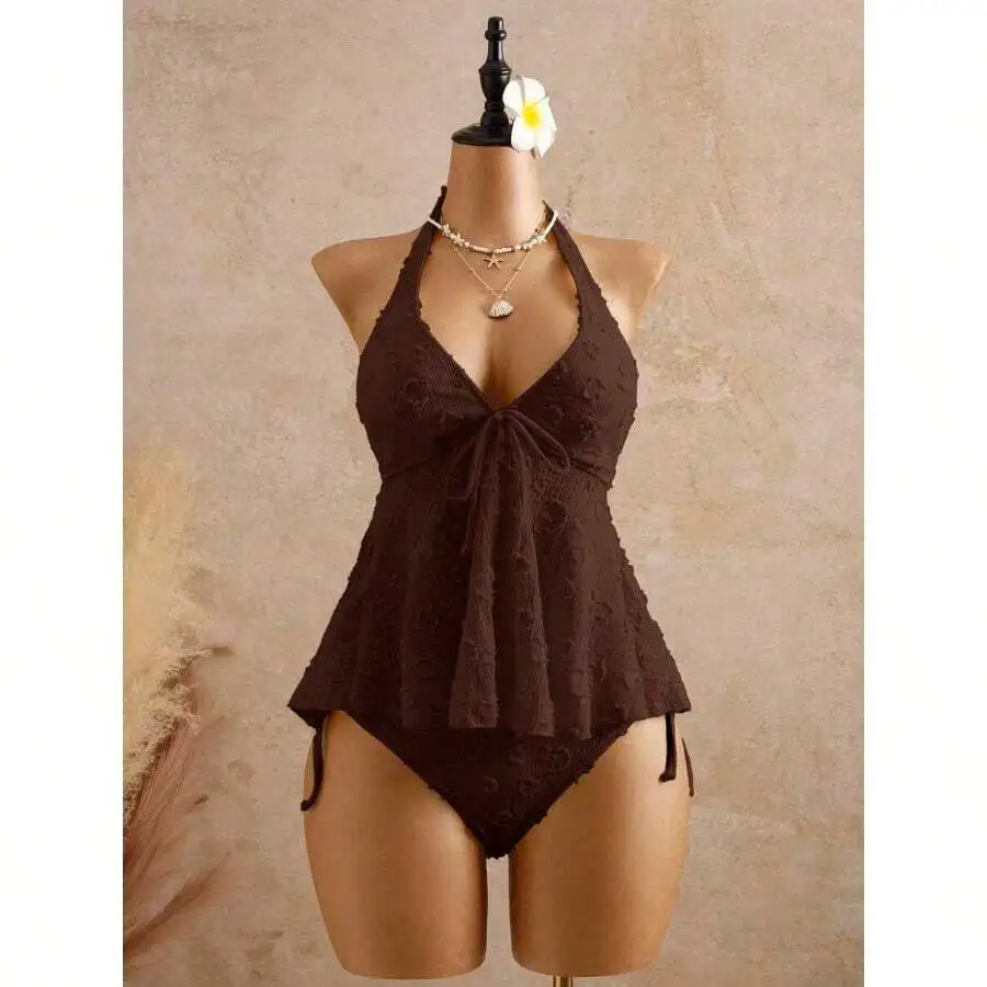 

Brown Lace Texture Halter Neck Tie Front Peplum Swimsuit Set