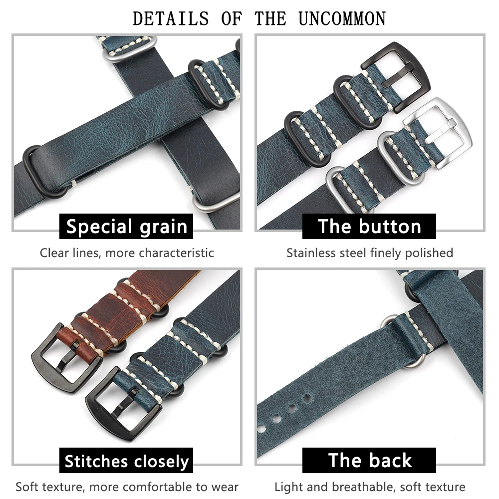 Top Layer Cowhide Retro Handmade Crazy Horse Leather High Quality Watch Band 20mm 22mm 24mm Blue Brown Green Strap