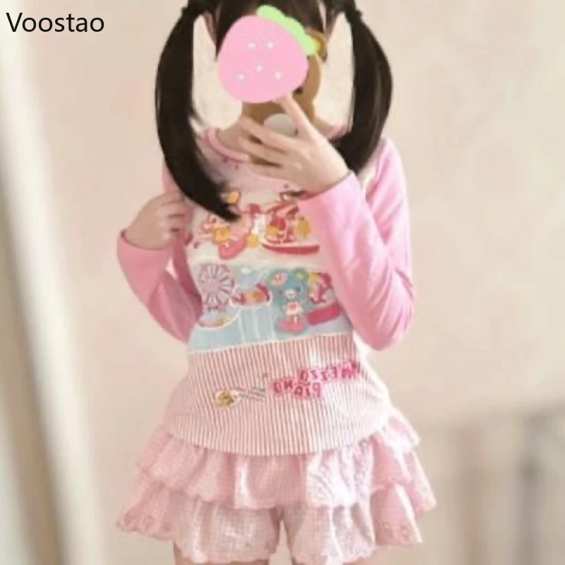 Sweet Cute Lolita Crop Top Women Kawaii Harajuku Cartoon Print Long Sleeve T-Shirts Autumn Girls Y2k Aesthetic Grunge Fairy Tees