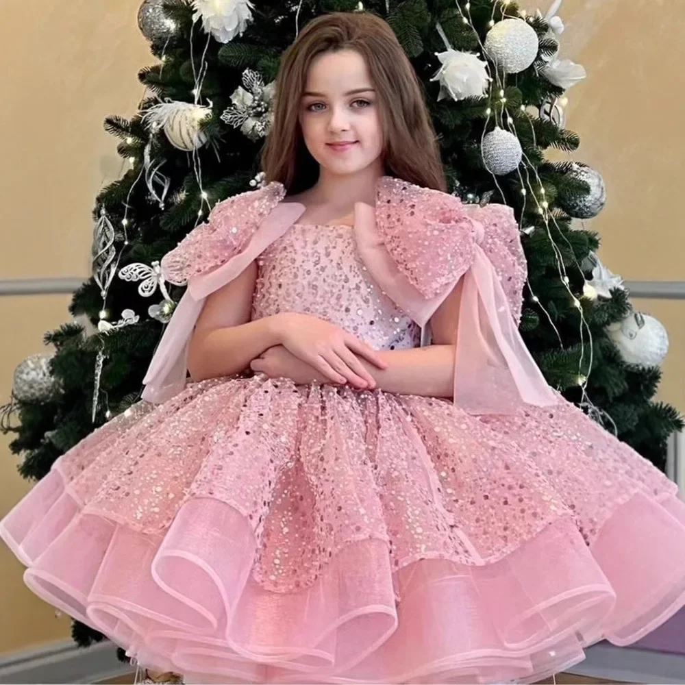 2025 New Girl's Dresses for Formal Occasions Big Bow and Fluffy Ballet Performance Prom Dress Birthday Girl Princess Pink Dress