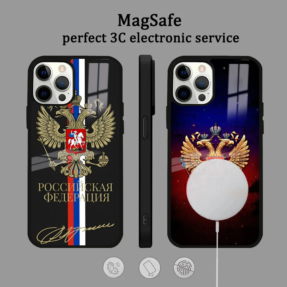 Russia Flag national emblem Phone Case For iPhone 16 15 14 13 12 11 Pro Max Plus Mini Magsafe Mirror Wireless Magnetic Cover