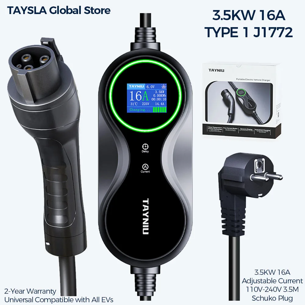

TAYNIU Portable EV Charger 3.5kW 16A Type 1 J1772 Adjustable Current 8A-16A Level 1 Charger for Kia Hyundai EV PHEV