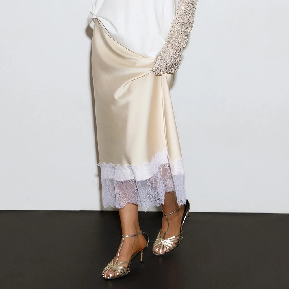 Spitzen-Patchwork-Satin-Maxirock für Damen, Eleganter Einfarbiger Hochgeschnittener Gerader Langer Rock, Casual-Rock für den Alltag 2026