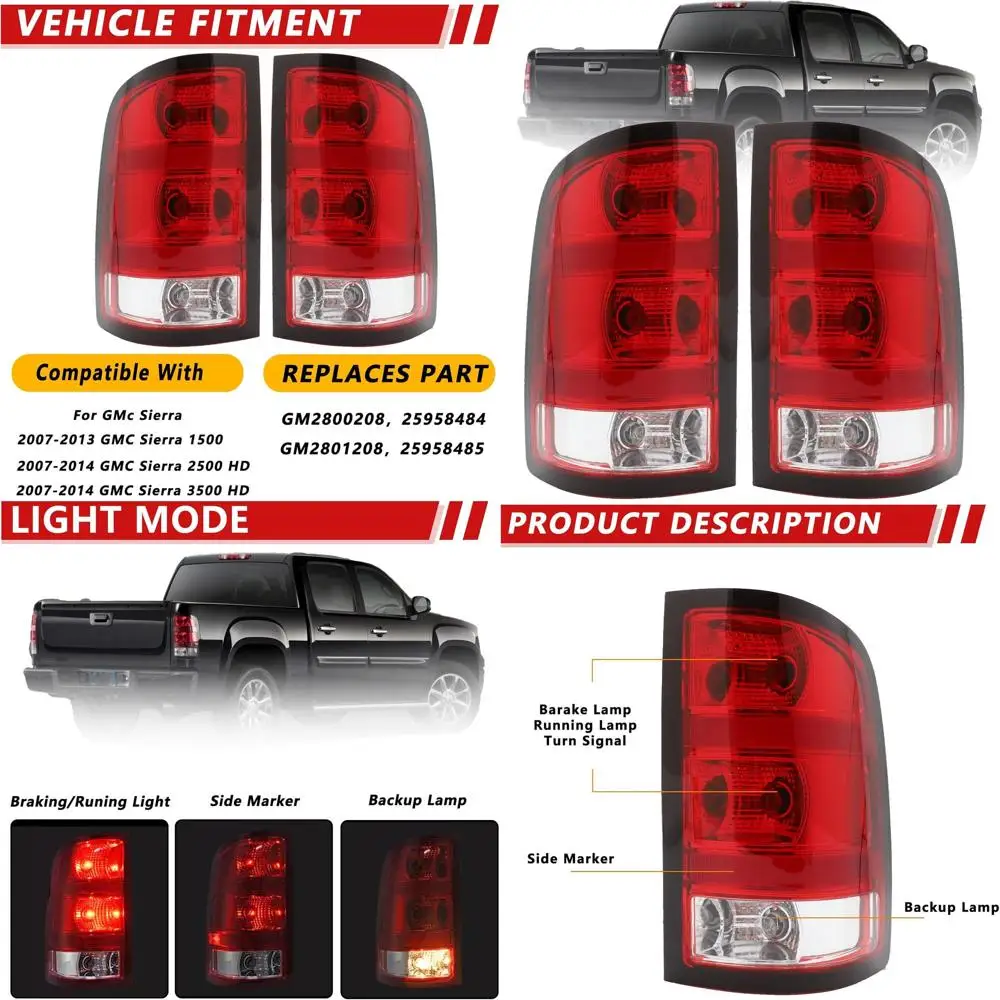 

2007-2013 GMC Sierra 1500 2500HD 3500HD Black Edge Tail Lights with Bulbs & Harness for Driver & Passenger Side
