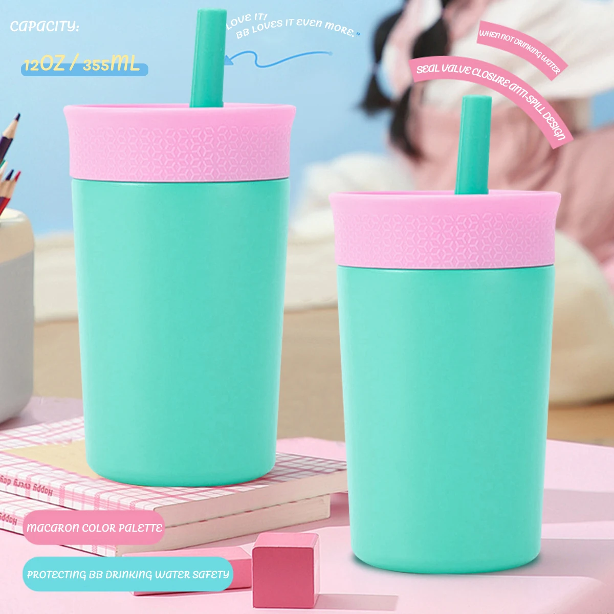 

Детская бутылка для воды Owalaa, маленькая чашка, 12 унций, 355 мл, с соломинкой, подходит для детей, студентов, использования в помещении и на открытом воздухе.