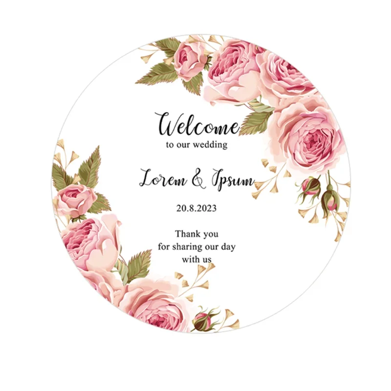 Customized pink rose theme party paper printing thank you card 100pcs for wedding custom text and logo photo round cards 20cm