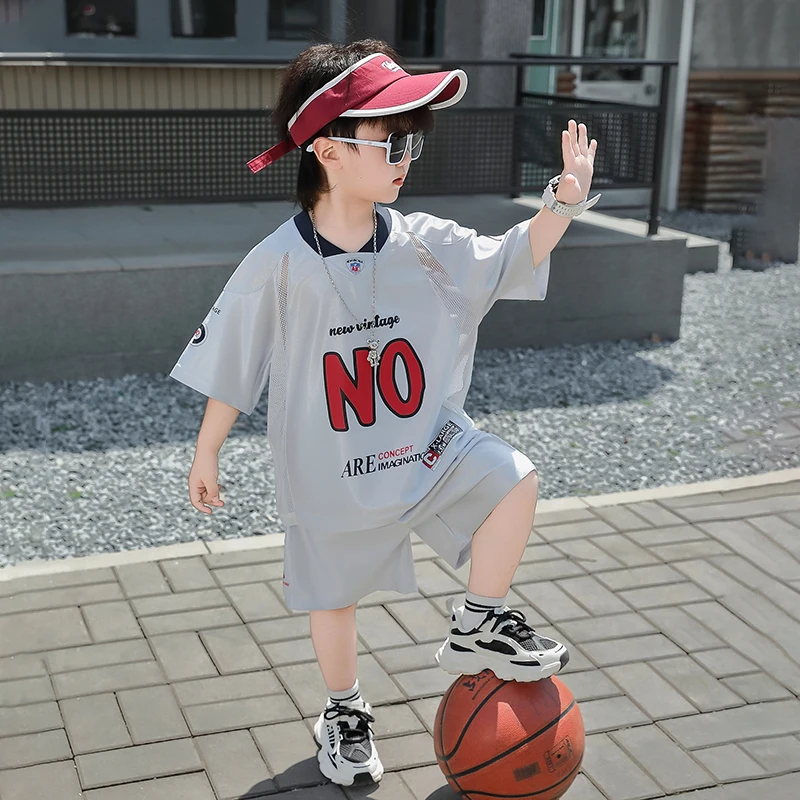 Trendy Casual 2 Piece/Sets For Boys T-shirt+Shorts Tracksuits Teen Summer Outfit New Children Quick-drying Basketball Suit 2-15Y