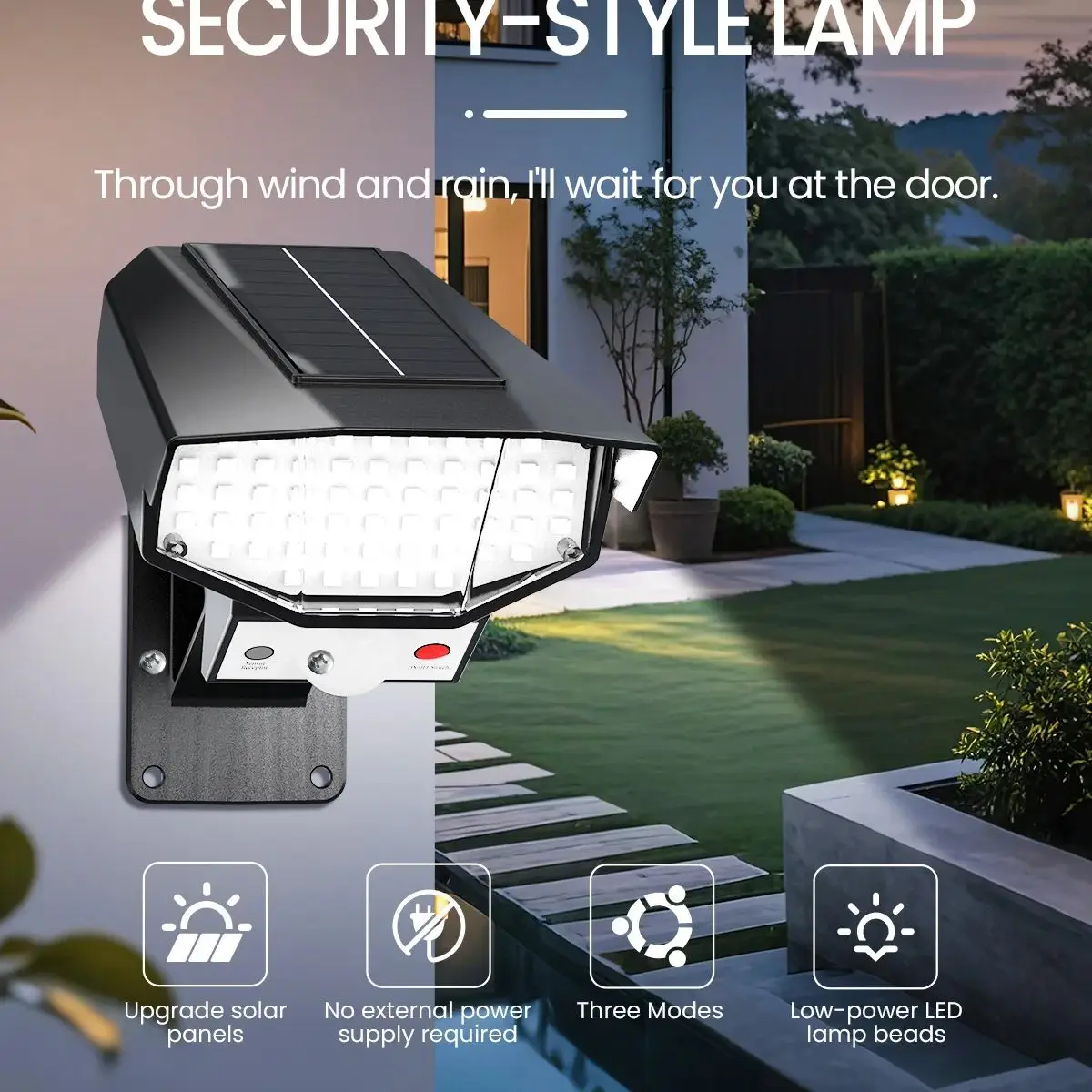 Lampe solaire à capteur de mouvement pour extérieur IP67, projecteur 65 LED, lumière de sécurité de style caméra, adaptée aux porches, jardins, cours