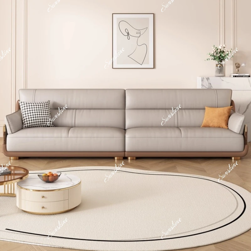

Leather, small apartment Italian minimalist living room straight row three-person cream style sofa