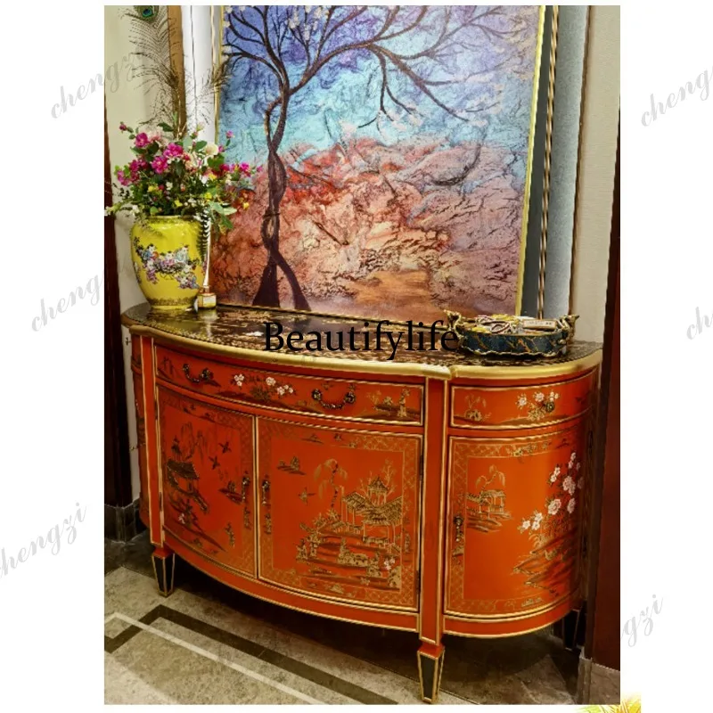 High-end French retro hand-painted semi-circular entrance cabinet storage art decorative cabinet
