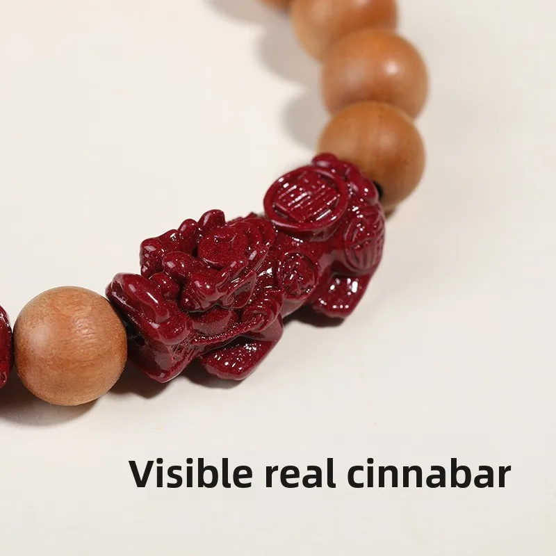 Chinese Fengshui Lucky Wealth Attracting Pixiu Bracelet Natural Old Peach Wood Cinnabar Handmade Beaded Bracelet 8mm 10mm 12mm