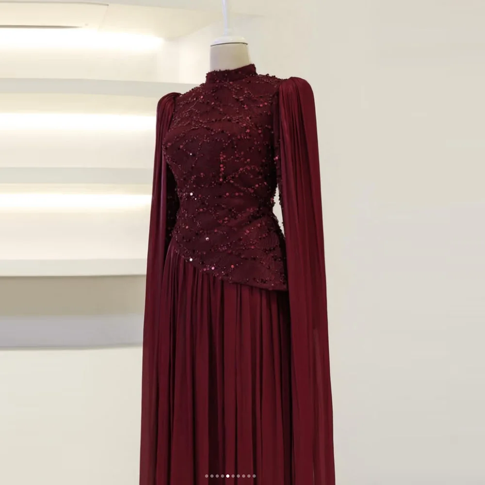 

Customized Brown Intricate Sparkle Chiffon Pleat Ruched Beading Sequined A-line High Collar Long Dresses Evening Dresses Retro