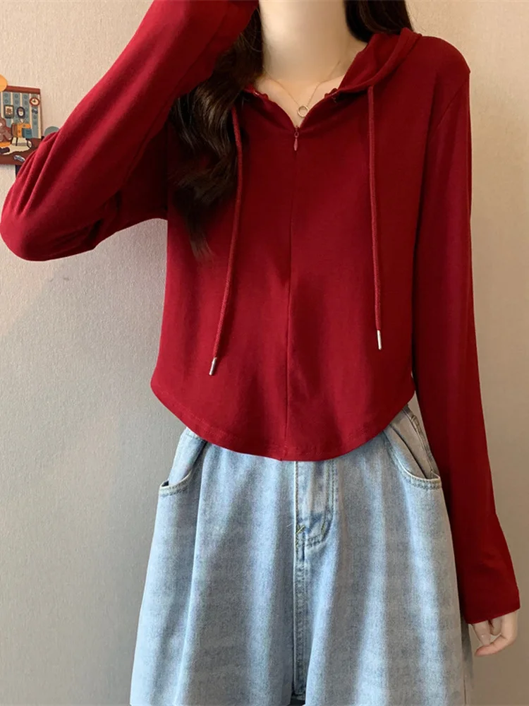 Women's Long Sleeve Hoodie T-shirt Short Style Slim Fit Casual Versatile High Waist Zipper Closure Anti-Ball Korean Style Top