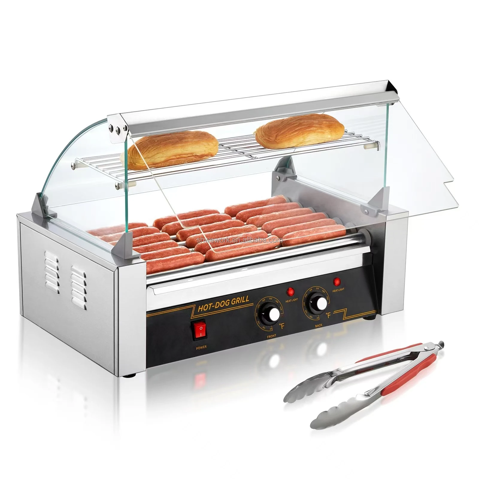 

WeWork Commercial Hot Dog Roller 7 Rollers 18 Hot Dogs Sausage Grill Machine Glass Hood Acrylic Cover 2 In 1 Cooker Bun Warmer