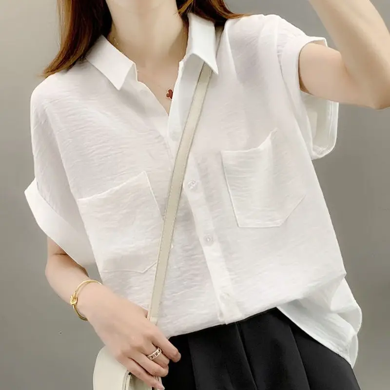 Female Clothing Commute Solid Color All-match Shirt Casual Single-breasted Summer Fashion Pockets Patchwork Polo-Neck Blouse New