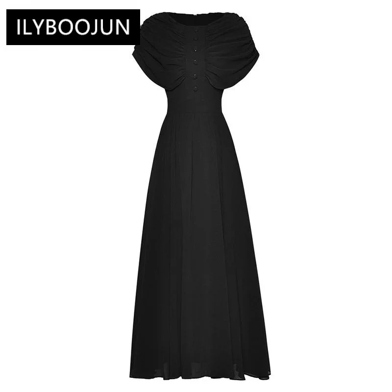 

Summer Dress Black O-Neck Trim Shirred Flounces Sleeve High Waist Button Big Swing Dresses For Women 2023 Runway Luxury Brand