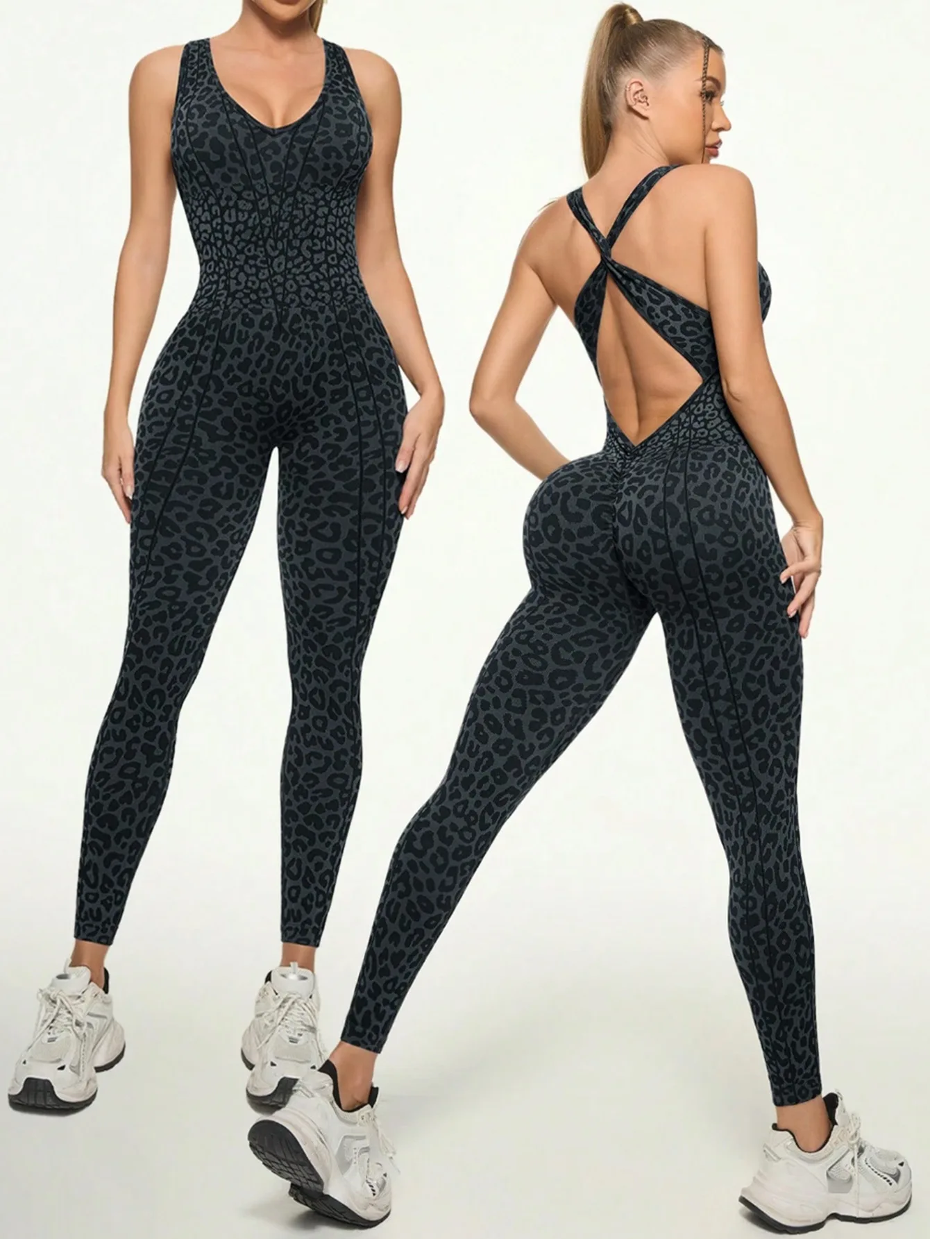 Nahtloser Damen-Jumpsuit mit Leopardenmuster, überkreuztem Rücken, Po-Lifting-Effekt, Yoga-Bodysuit, hochelastischer Workout-Fitness-Catsuit – Detail 3