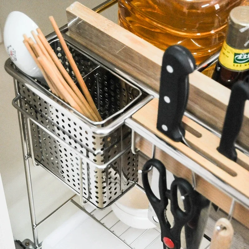 -oo Kitchen Cabinet Pull-Out Spice Rack with Knife Holder 2-Tier Pull Out Seasoning Storage Basket Drawer Organizer