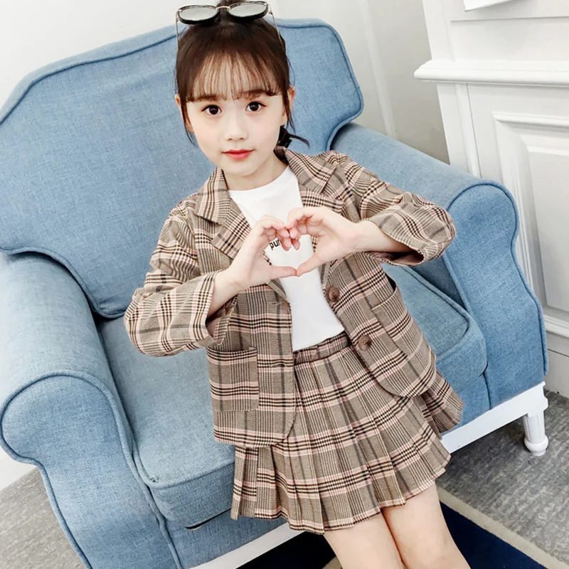 Fashion Wedding Kids Suit for Girls Formal Pant Suits for Teenager 2PCS Blazer Set Brand Plaid Children Wedding Jacket Skirt Set
