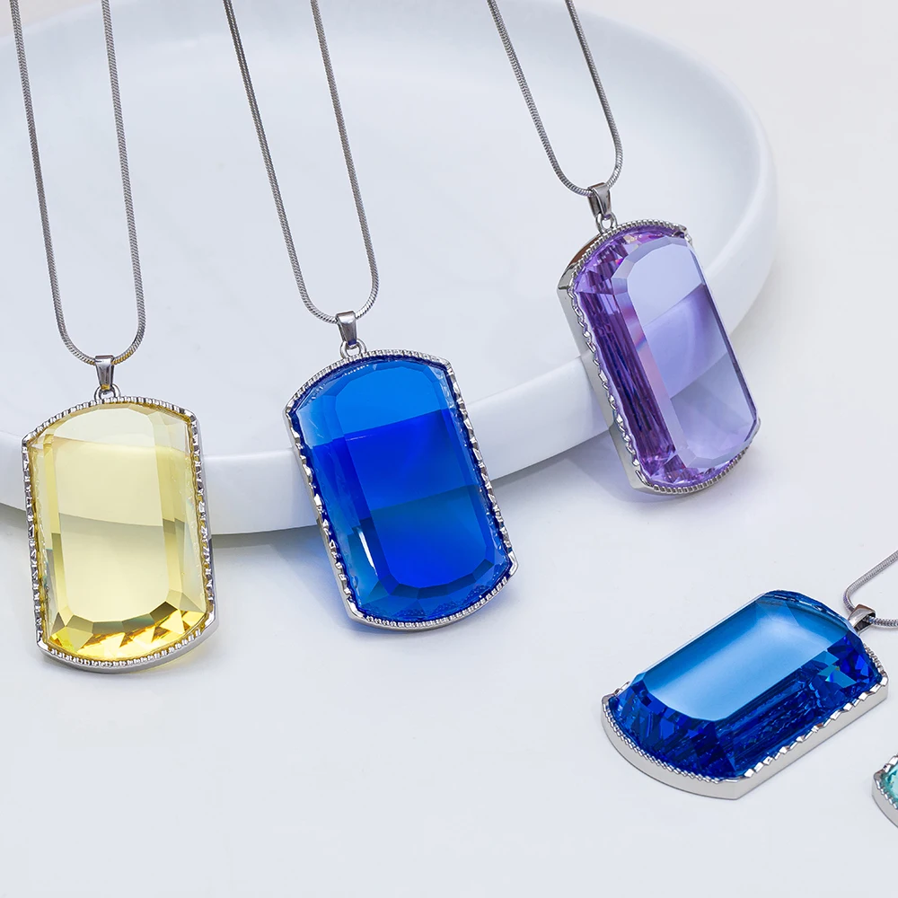 

Fashion Colorful Large Square Artificial Crystal Pendant Necklace For Men Women Long Unisex Simple Mark Crystal Jewelry Gifts