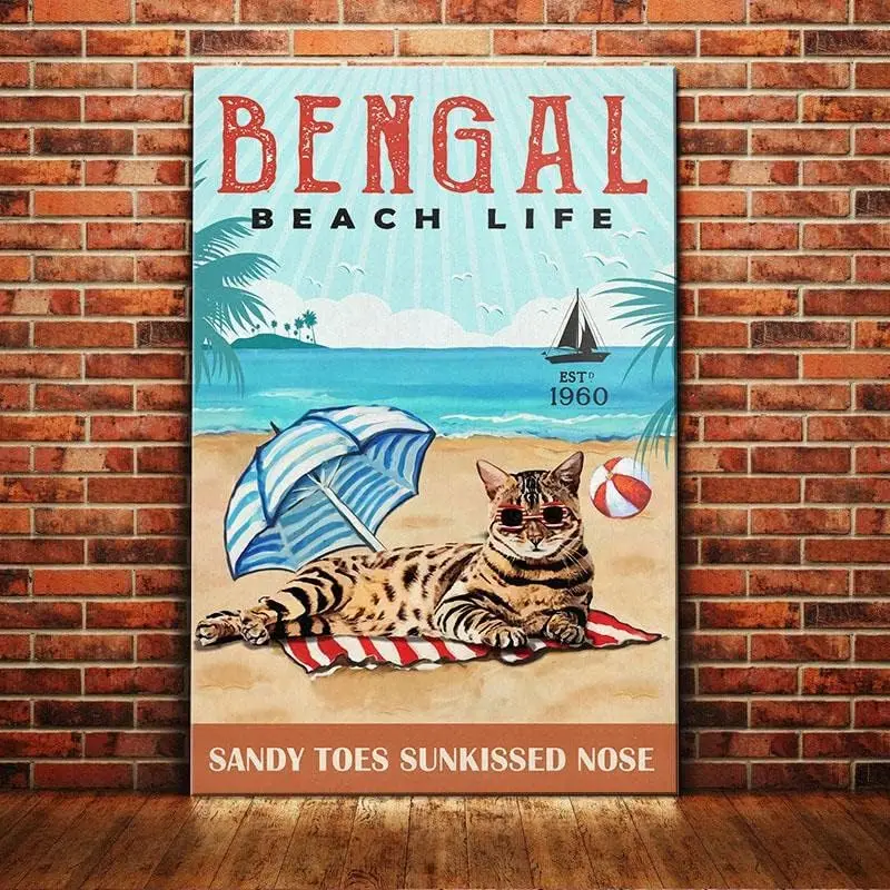 MATou Bengal Cat Beach Life Sandy Toes Sunkissed Nose for Restroom Bar Pub Club Cafe Home Wall Art Mothers Day Metal Signs  sign