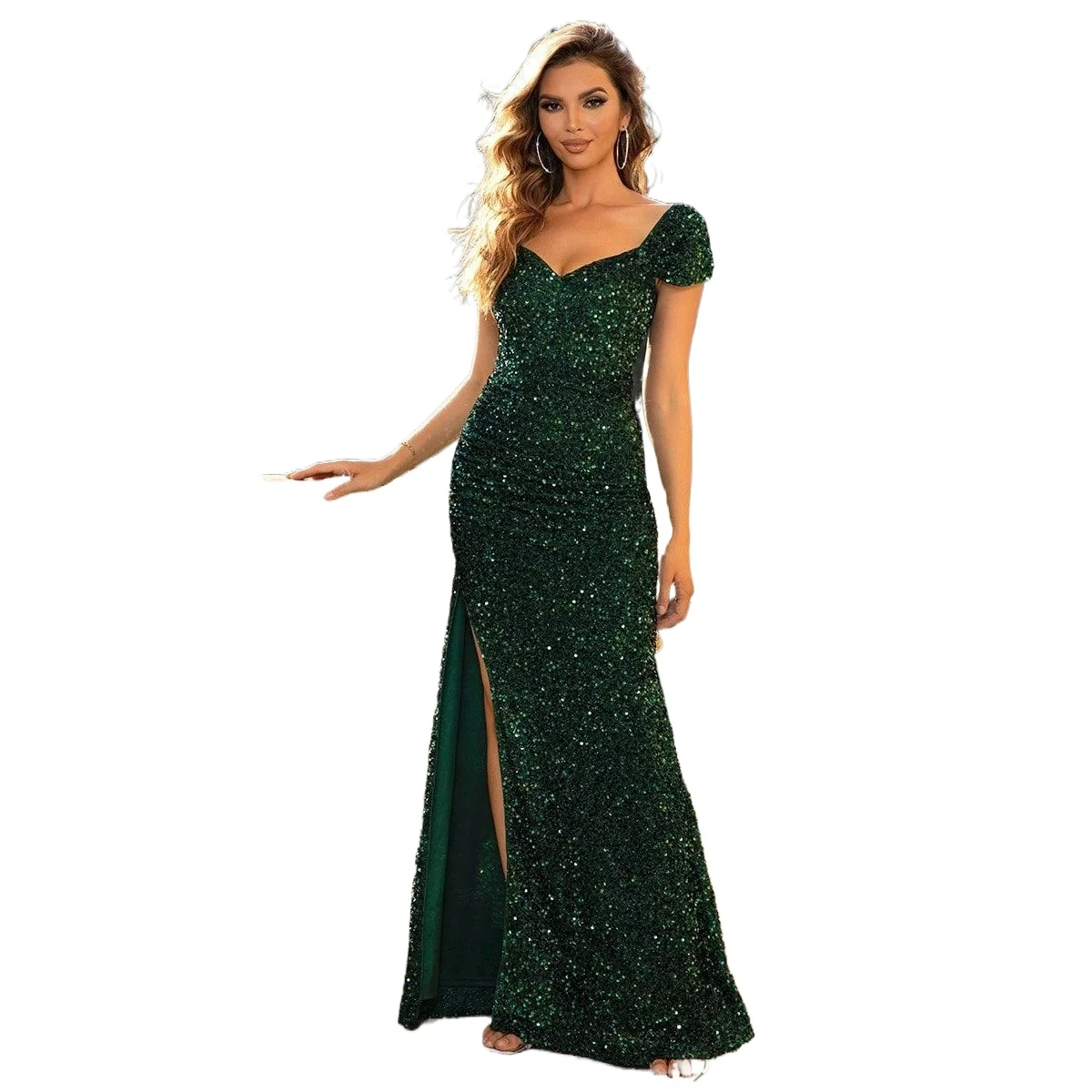 

Sexy Cap Sleeves Sweetheart Sequined Side Split Slim Formal Evening Long Dress