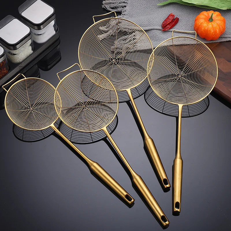 

Gold 304 Stainless Steel Hot Pot Colander Large Noodles Oil Frying Filter Strainers Drainer Skimmer Kitchen Accessories