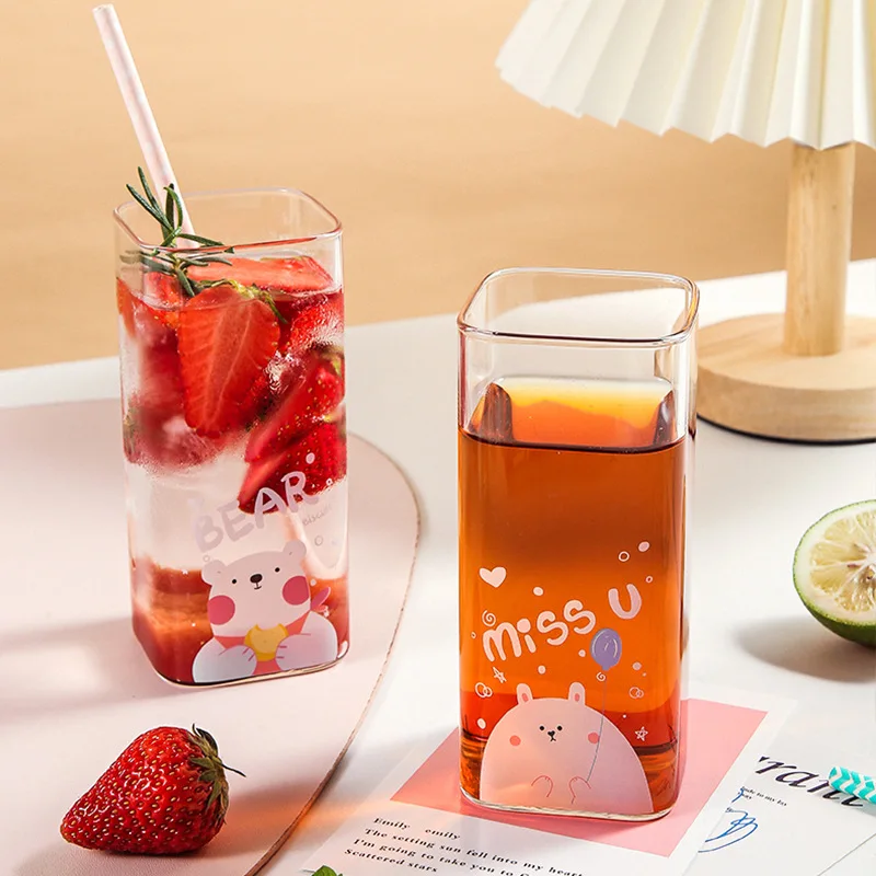 

1Pcs Heat-Resistant Square Coffee Mug with Colorful Patten Glass Cup for Drinking Milk Beertea Juice Dessert