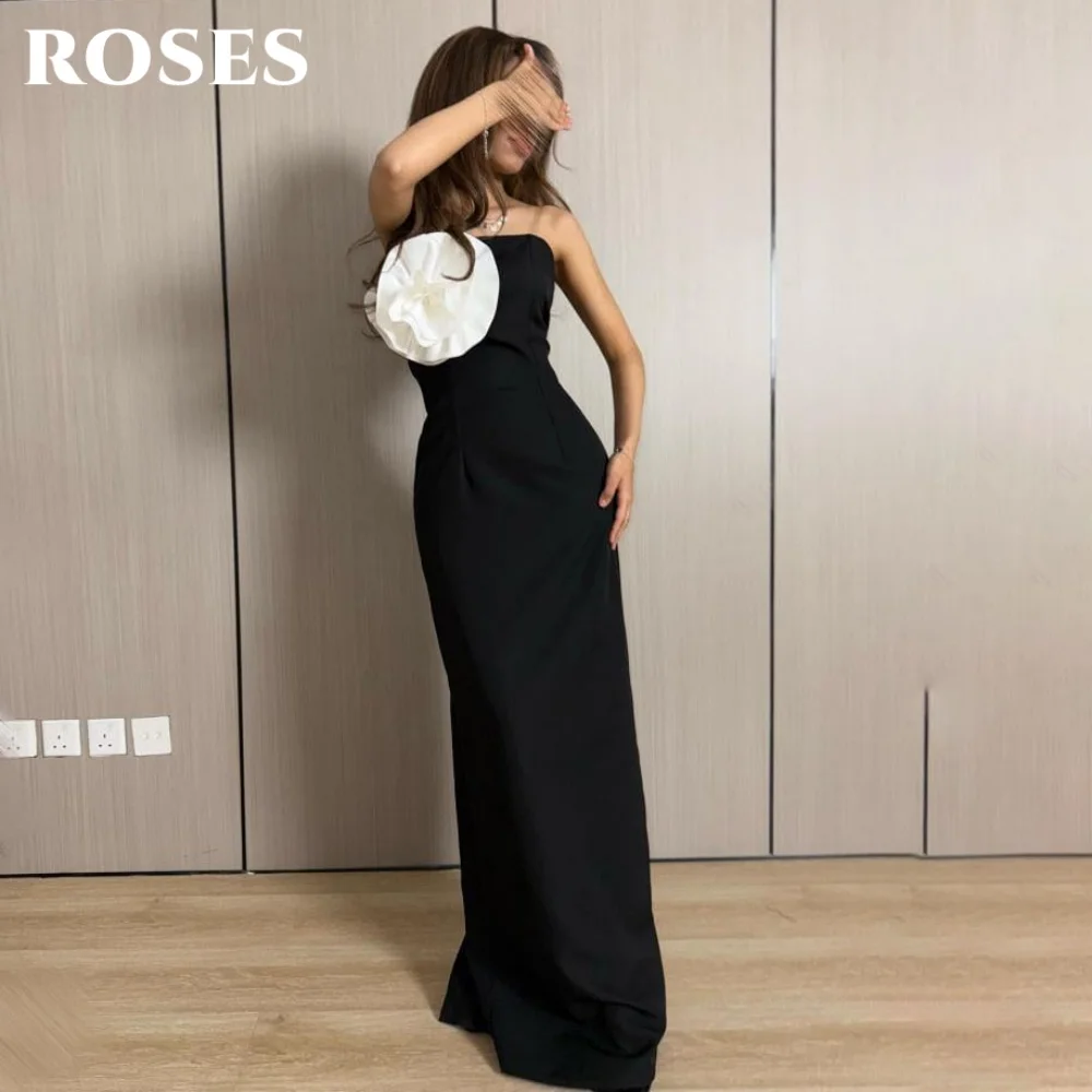 

ROSES Black Trumpet Flowers Prom Dresses Strapless Gala Dresses with Pleats Satin Saudi Arabic Evening Party Gowns Customized