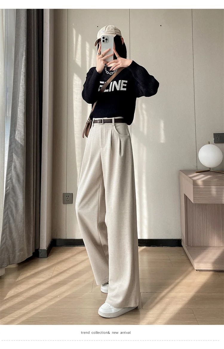 2023 Autumn and Winter New Wool Blended Wide-Leg Pants Straight Mopping Pants High Waist Slim Lengthened Casual Pants for Women