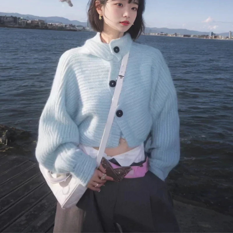 

Deeptowm Vintage Blue Striped Women Crop Sweater Turtleneck Long Sleeve Korean Fashion Knit Cardigan Button Autumn Slim Casual