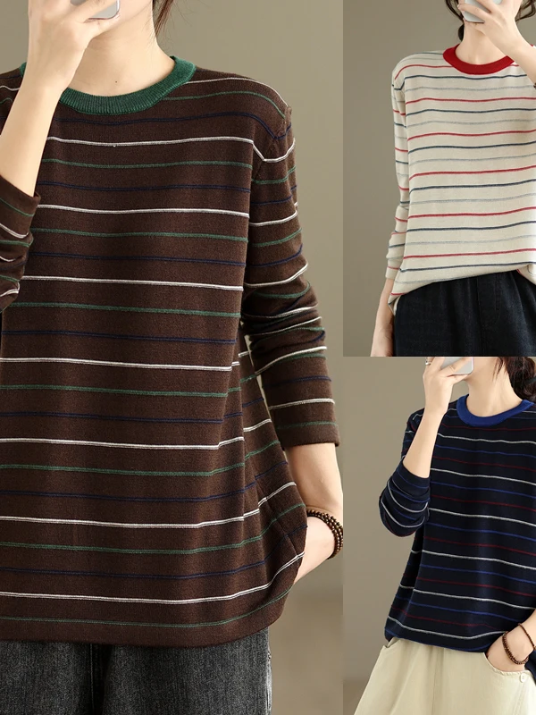 

Ultra Soft Striped Woolen Sweater for Women plus Size Faionable Versatile Design Color Blo Stripe Knitwear Commute Sle