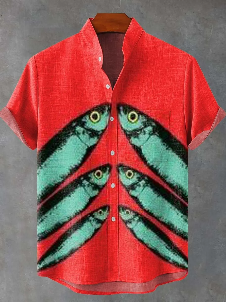 Camicia a maniche corte da uomo Tessuto di lino vintage di alta qualità Modello di pesce Top con bottoni da uomo alla moda cinese